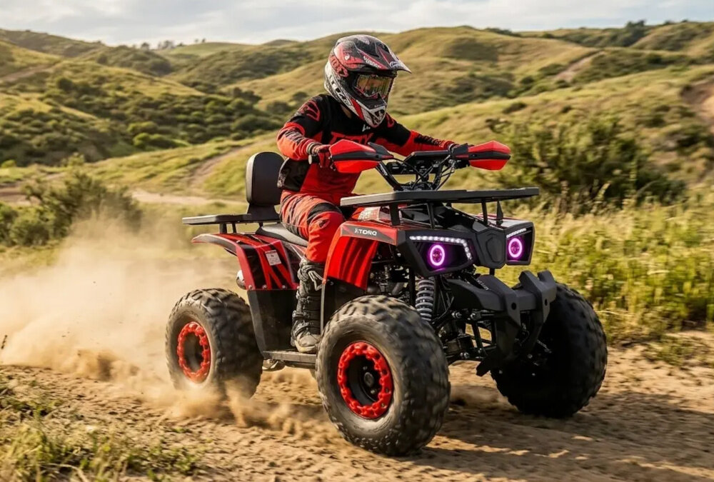 Quad TORQ Viper 125 1+1 VIP125RB-1 Czerwony teren osoba w kasku jedzie pod górkę na quadzie tarczowe hamulce z przodu, jak i z tyłu Dwustronny układ hamulcowy