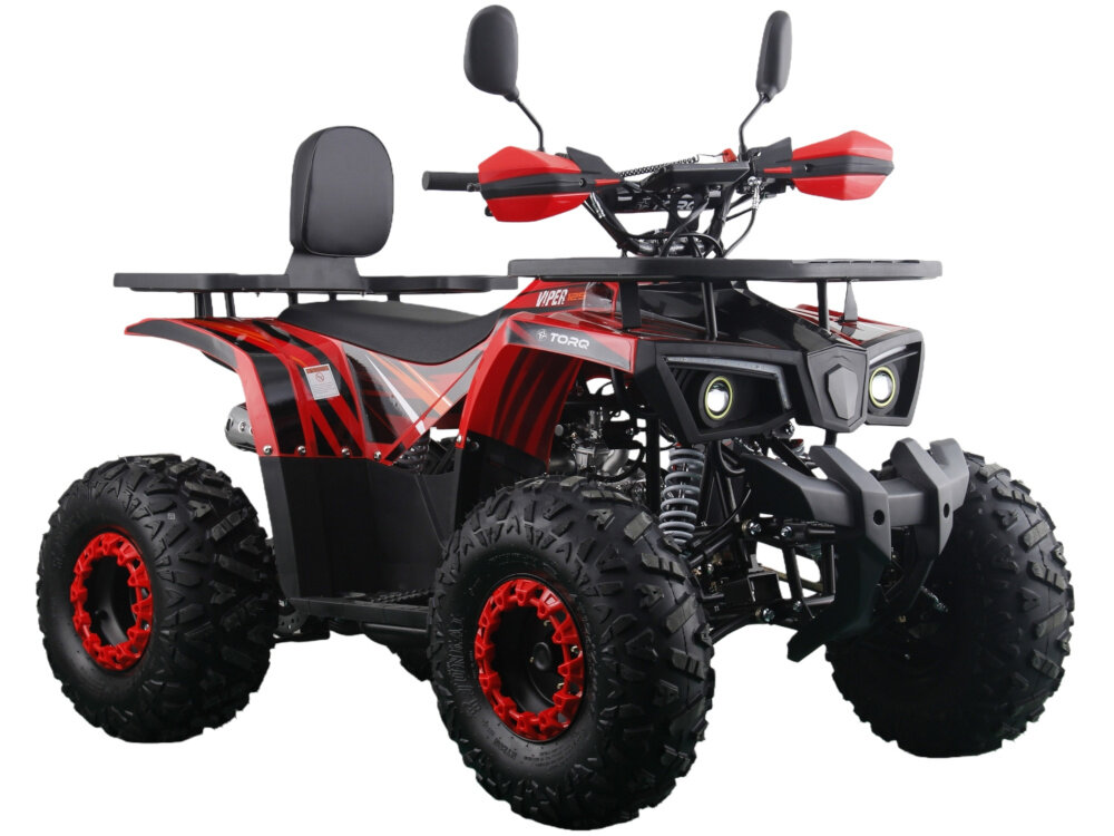 Quad TORQ Viper 125 1+1 VIP125RB-1 Czerwony quad na białym tle widoczny od przodu pod skosem Elektryczny rozruch Akumulator 12 V o pojemności 4 Ah quada TORQ Viper 125 3+1 VIP125RB-3