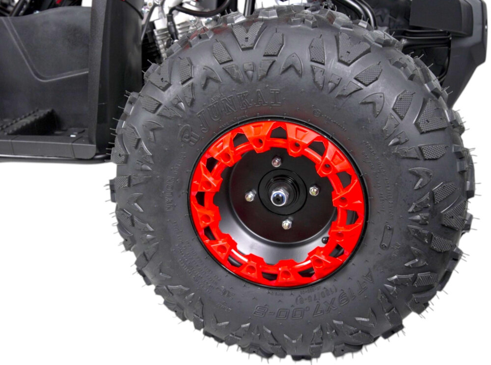 Quad TORQ Viper 125 1+1 VIP125RB-1 Czerwony zbliżenie na tylne koło Wymiary 150 x 97 x 97 cm masa własna około 110 kg do 150 kg Stalowe felgi opony o średnicy 8 cali