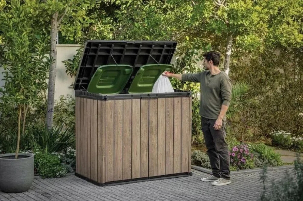 Szafa ogrodowa KETER Store It Out Darwin 1150L Szaro-brązowy zdjęcie lifestyle Wygodny dostęp Otwierany dach podwójne drzwi