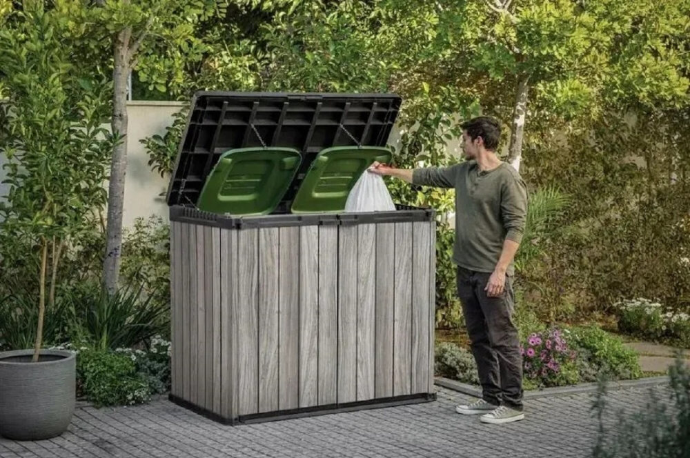 Szafa ogrodowa KETER Store It Out Darwin 1150L Szary zdjęcie lifestyle Wygodny dostęp Otwierany dach podwójne drzwi