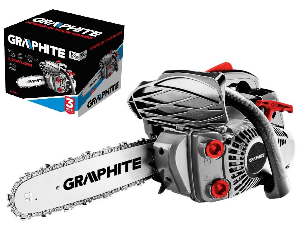 Piła spalinowa GRAPHITE 58G950 do cięcia gałęzi i średniej wielkości pni wysokiej jakości podzespoły mocny silnik długa żywotność efektywność cięcia wysokiej jakości sprzęt ogrodniczy technologia automatycznego smarowania łańcucha żywotność urządzenia znacząco wydłużona automatyczny hamulec łańcucha