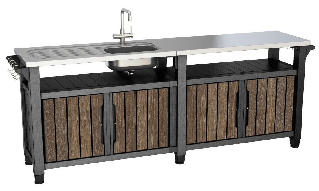 Barek ogrodowy KETER Unity chef 415 L Orzech zdjęcie lifestyle Wygodne ustawienie Nóżki z regulacją wysokości Szerokość 237 cm i głębokość 52 cm zastosowany uchwyt