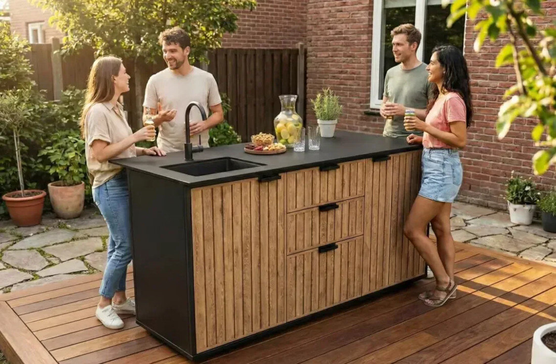 Kuchnia ogrodowa KETER Compact Outdoor 263933 Grafitowo-drewniany zdjęcie lifestyle Wygoda gotowania na zewnątrz