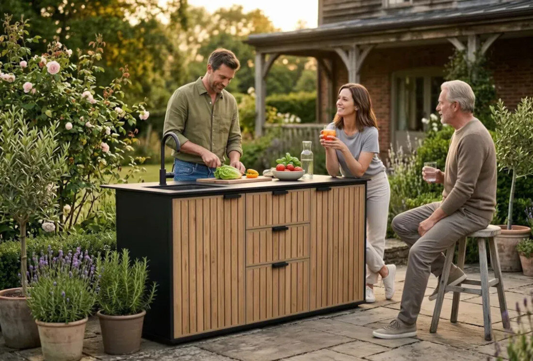 Kuchnia ogrodowa KETER Compact Outdoor 263933 Grafitowo-drewniany zdjęcie lifestyle Trzy praktyczne szuflady Trzy szuflady metalowe prowadnice