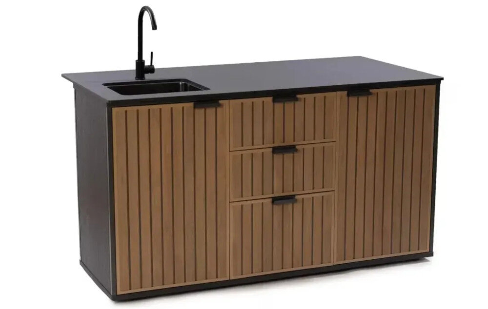 Kuchnia ogrodowa KETER Compact Outdoor 263933 Grafitowo-drewniany zdjęcie lifestyle Na taras i do ogrodu Połączenie grafitu i elementów inspirowanych drewnem wymiary