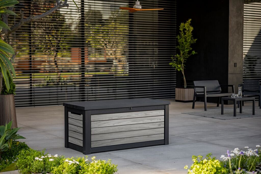 Skrzynia ogrodowa KETER Deco Deck Box 630 L Szary, szary, deski, design, stylistyka, Skrzynia ogrodowa Deco 630L na jasnym tarasie.