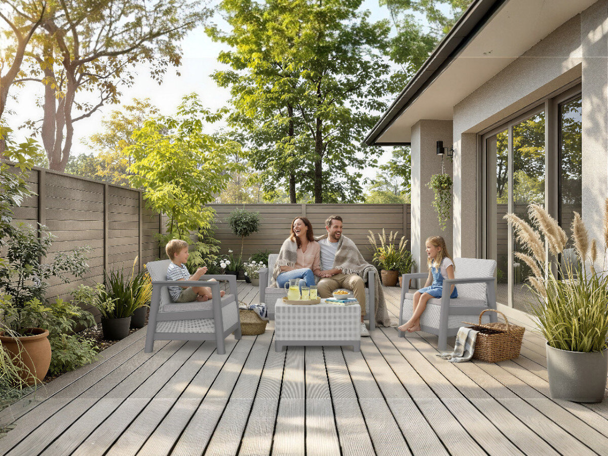 Zestaw mebli ogrodowych KETER Scandi Linea 264035 Jasnoszary, styl, skandynawski, ogród, wypoczynek, Rodzina odpoczywająca na tarasie w meblach Scandi Linea.