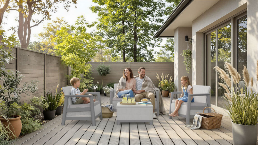 Na drewnianym tarasie znajduje się zestaw mebli ogrodowych w jasnoszarym kolorze, składający się z dwóch foteli, sofy i stolika. W tle widoczna jest zieleń ogrodu oraz drewniane ogrodzenie.