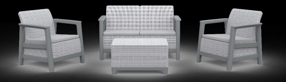 Zestaw mebli ogrodowych KETER Scandi Linea 264035 Jasnoszary, montaż, szybki, stabilność, konstrukcja, Zestaw mebli Keter Scandi Linea widok od przodu na ciemnym tle.