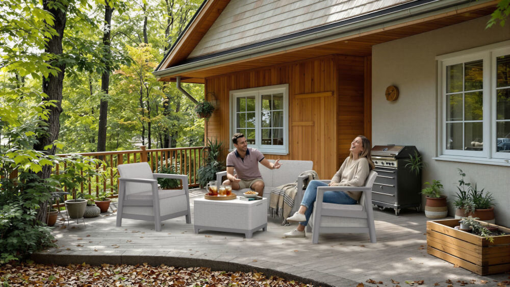 Na drewnianym tarasie przed domem znajdują się jasnoszare meble ogrodowe, w tym dwa fotele i stolik. W tle widać grill oraz donice z roślinami.