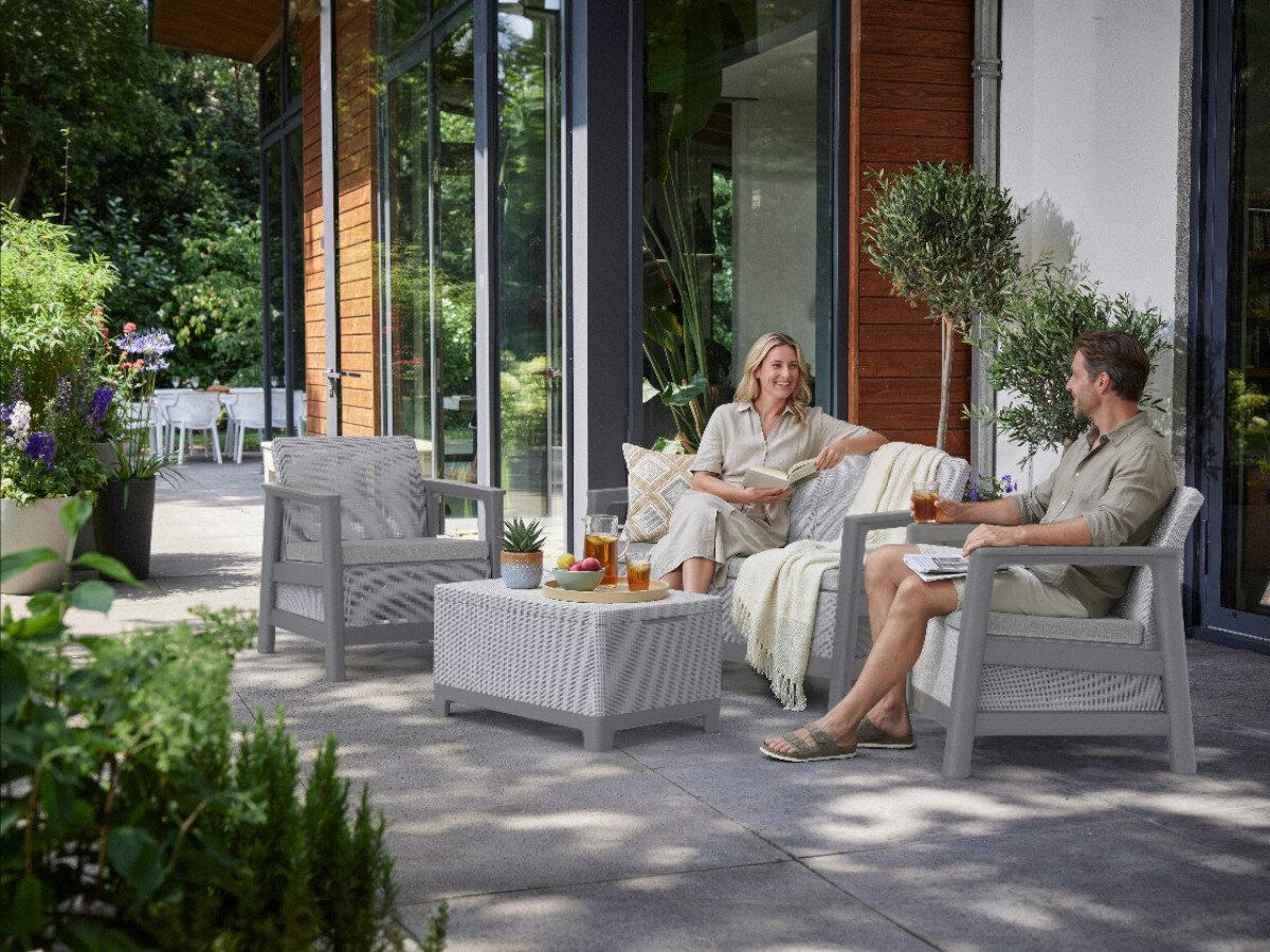 Zestaw mebli ogrodowych KETER Scandi Linea 264035 Jasnoszary, certyfikat, jakość, waga, stabilny, Spotkanie na tarasie przy kawie w meblach marki Keter.