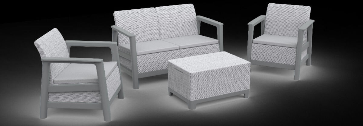 Zestaw mebli ogrodowych KETER Scandi Linea 264035 Jasnoszary, aranżacja, ogród, design, elastyczność, Meble ogrodowe Scandi Linea: dwa fotele, sofa i stolik kawowy.