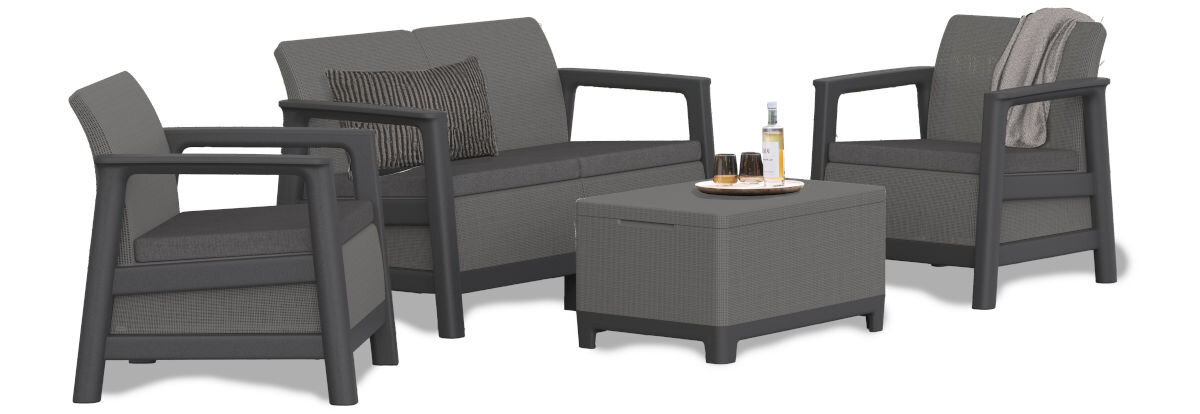 Zestaw mebli ogrodowych KETER Scandi Linea 270924 Grafitowo-szary, aranżacja, ogród, design, elastyczność, Meble ogrodowe Scandi Linea: dwa fotele, sofa i stolik kawowy.