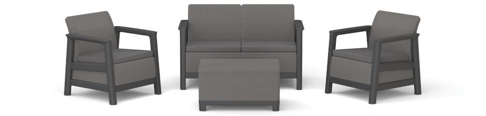 Zestaw mebli ogrodowych składający się z dwóch foteli, dwuosobowej sofy i stolika, wykonany w grafitowo-szarym kolorze. Meble mają prosty, nowoczesny design z podłokietnikami i prostokątnymi kształtami.