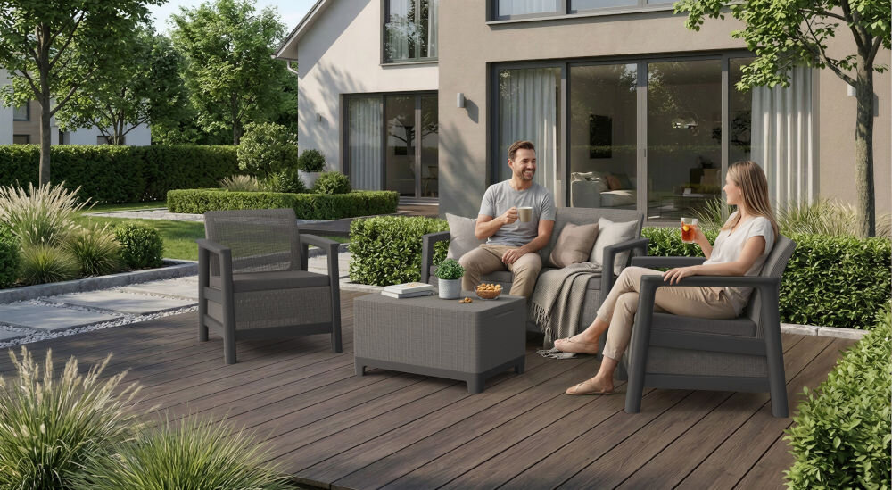 Na drewnianym tarasie znajdują się dwa fotele i stolik w grafitowo-szarym kolorze, przy których siedzą dwie osoby. W tle widać nowoczesny dom z dużymi oknami oraz zadbany ogród z krzewami i drzewami.