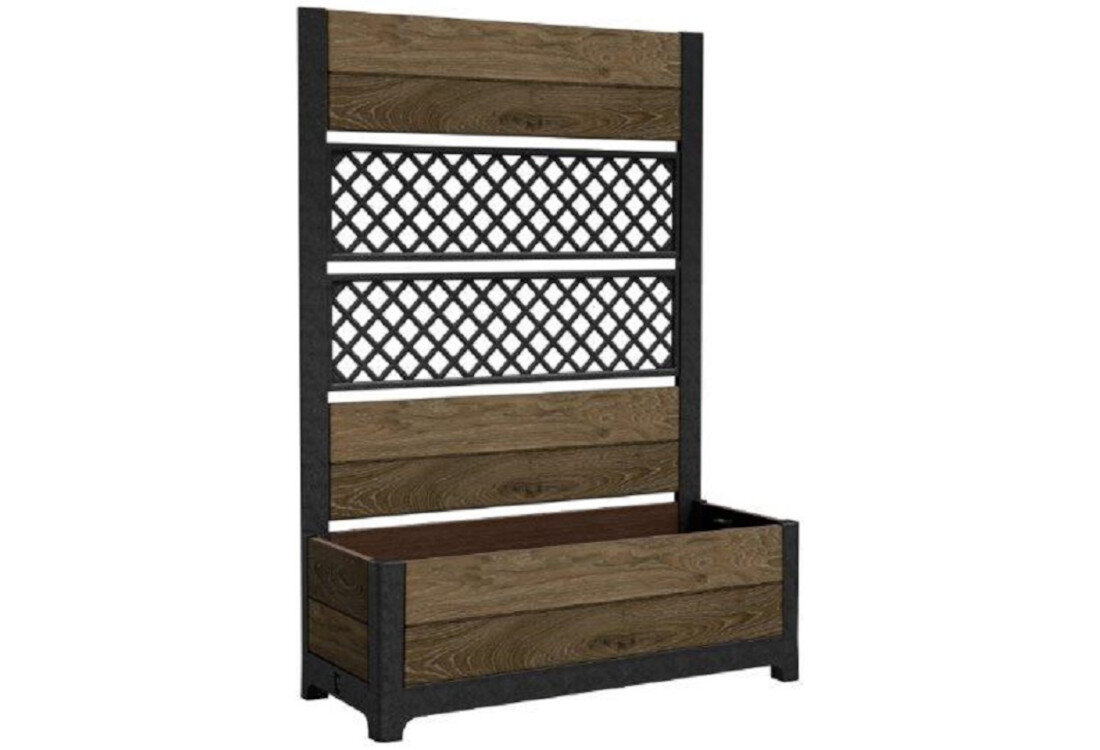 Doniczka KETER Deco Tulip 263871 (109,6 x 44,4 x 156,3 cm) 110L Orzech zdjęcie lifestyle Dekor drewna Walnut Powierzchnia imitująca drewno wymiary