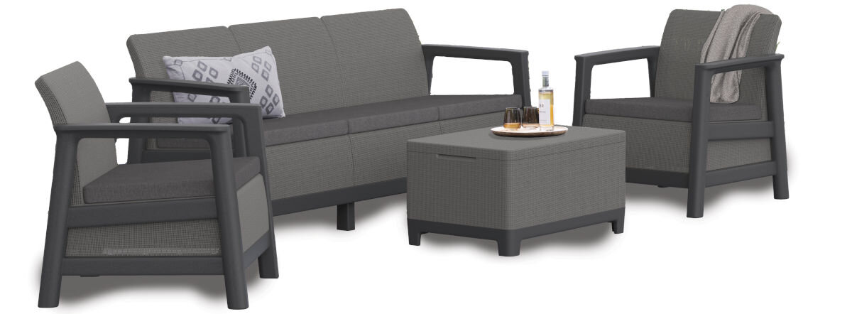 Zestaw mebli ogrodowych KETER Scandi Linea 270923 Grafitowo-szary, aranżacja, ogród, design, elastyczność, Meble ogrodowe Scandi Linea: dwa fotele, sofa i stolik kawowy.