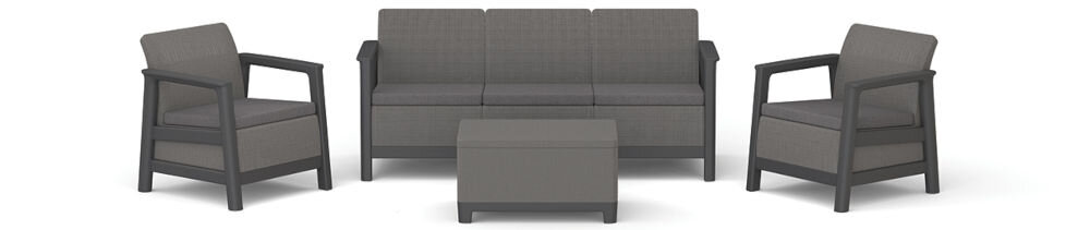 Zestaw mebli ogrodowych składający się z dwóch foteli, sofy i stolika w kolorze grafitowo-szarym. Meble mają prosty, nowoczesny design z poduszkami na siedziskach.