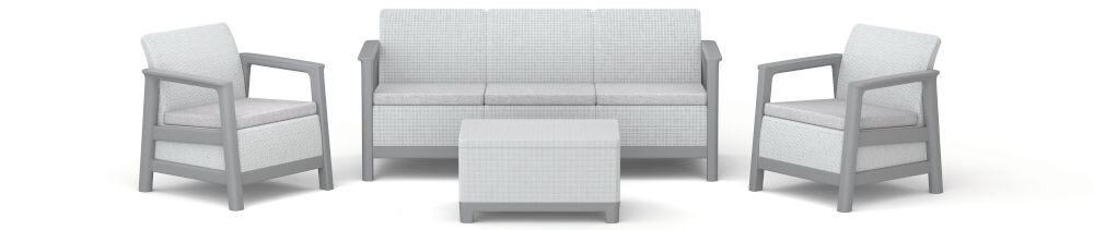 Zestaw mebli ogrodowych składający się z dwóch foteli, sofy i stolika w jasnoszarym kolorze. Meble mają prosty, nowoczesny design z wyraźnie zaznaczonymi podłokietnikami i nogami.