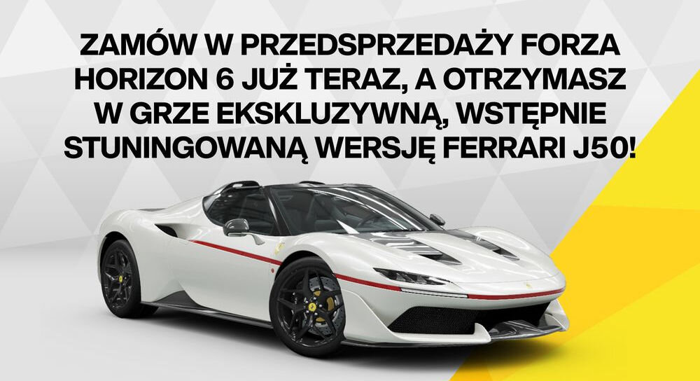 Forza Horizon 6 Gra XBOX SERIES X Ferrari J50 w edycji specjalnej na szaro-żółtym tle