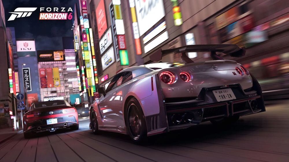 Forza Horizon 6 Gra XBOX SERIES X Panorama wirtualnego Tokio w grze Forza Horizon 6 z widocznymi budynkami i ścigającymi się autami Tokio serce japońskiej motoryzacji kontrast między wsią a miastem neony raj dla miłośników motoryzacji