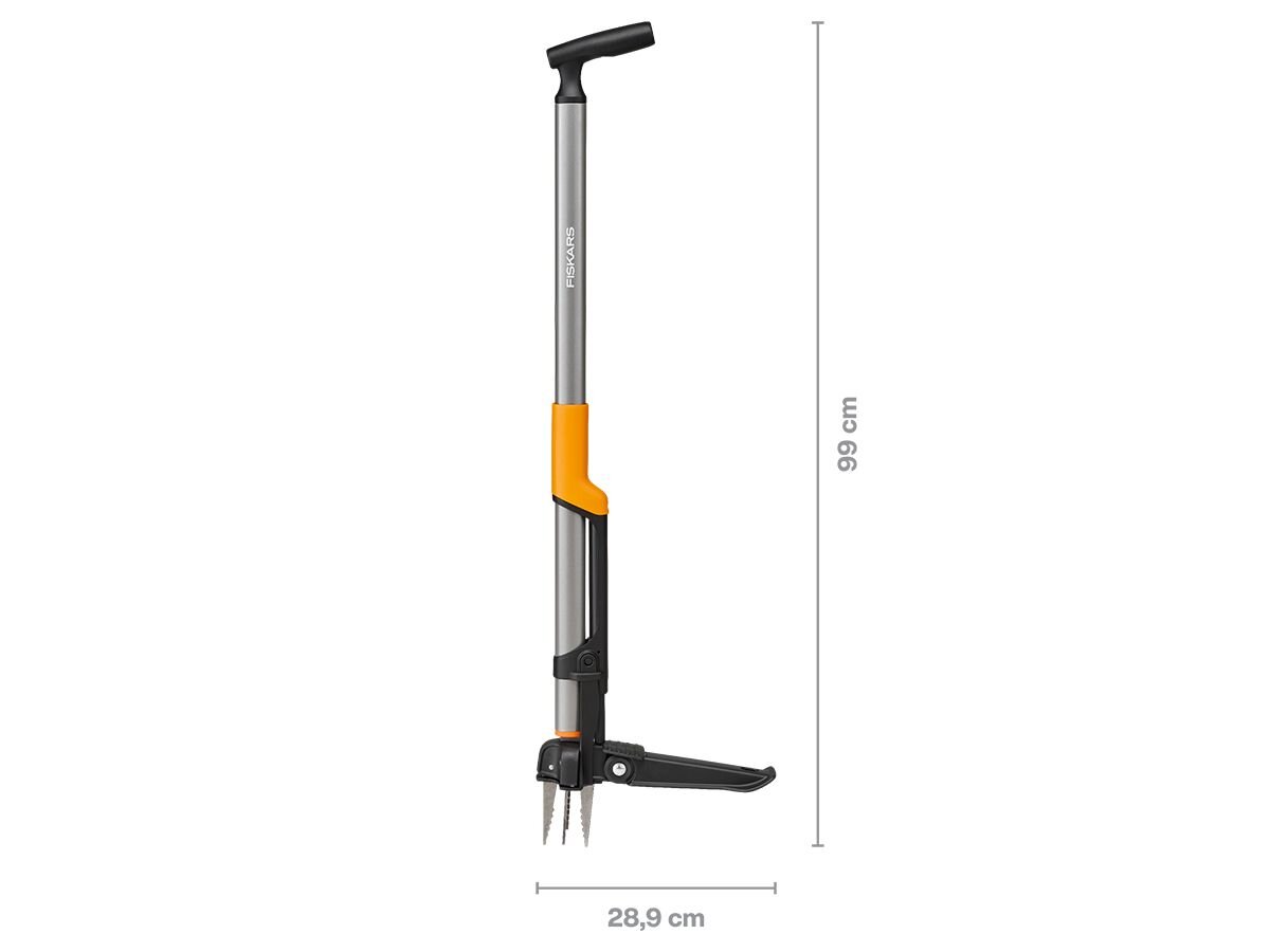 Wyrywacz do chwastów FISKARS 1080409 ręczny, trzonek, ergonomia, plecy, wygoda, Wyrywacz do chwastów na białym tle prezentujący teleskopowy trzonek oraz składaną podpórkę pod stopę