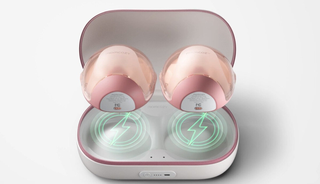 Laktator MOMCOZY Air 1 Podwójny Różowy Energia na wiele dni  praktyczne etui z funkcją ładowania o pojemności 1800 mAh  około 5 dni lub 15 sesji pakowanie torby na spacer czy do biura staje się proste mobilne centrum zasilania przechowywanie