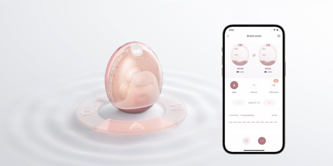 Laktator MOMCOZY Air 1 Podwójny Różowy sterowanie aplikacją Możliwość połączenia z aplikacją Momcozy w czasie rzeczywistym otrzymywać powiadomienia  personalizacja
