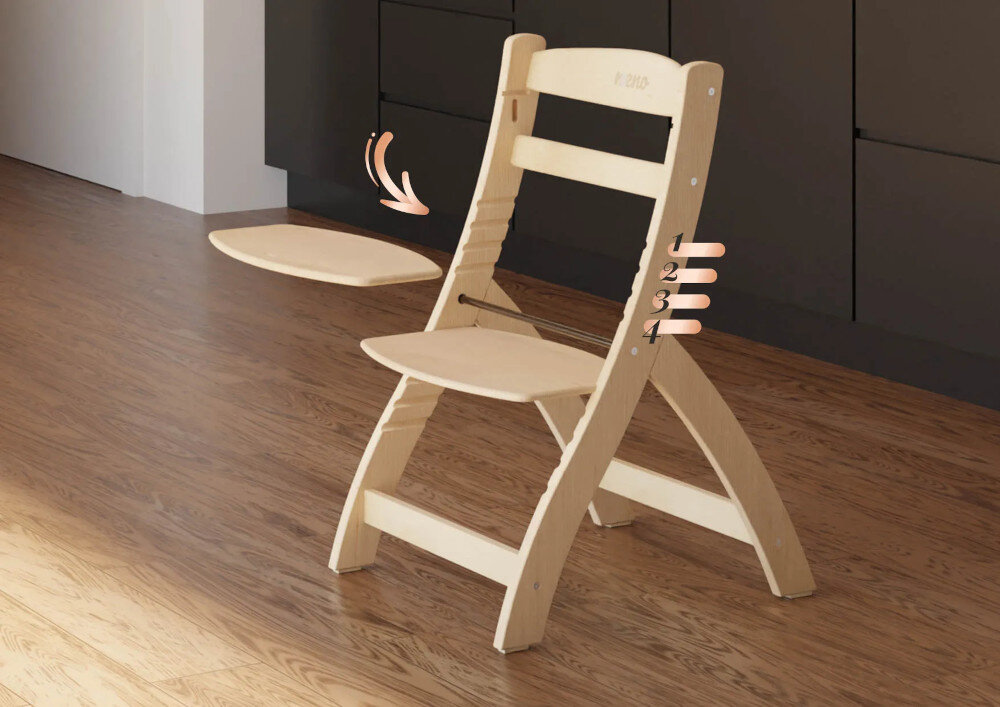 Krzesełko do karmienia NENO Pino 2w1 4 pozycje wysokości siedziska Dopasowanie krzesełka do wysokości stołu cztery poziomy regulacji wysokość