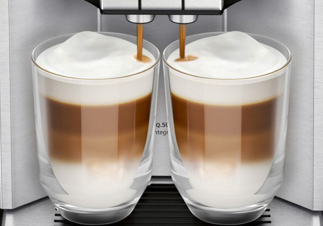 Ekspres BOSCH CT718L1B0 Czarny OneTouch DoubleCup Dwie filiżanki dwa napoje jednocześnie espresso cappuccino latte macchiato 32 rodzaje regulacja stopnia zmielenia kawy kontrola napoje