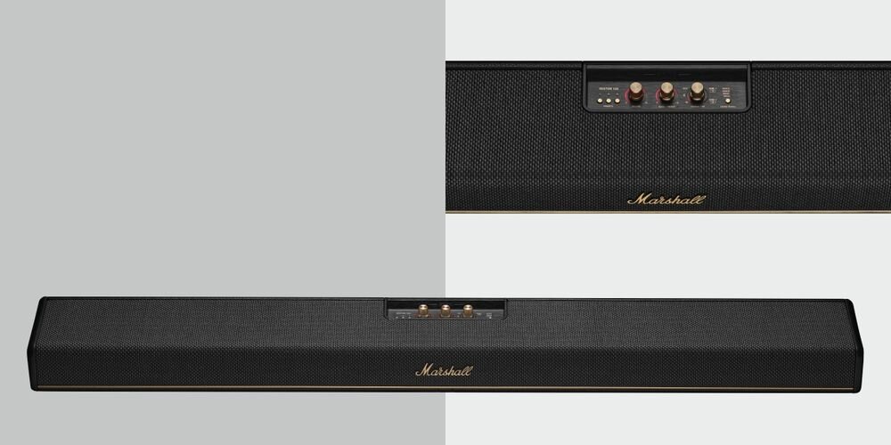 Soundbar MARSHALL Heston 120 Dolby Atmos kinowe brzmienie filmowe, soundbar od frontu na biało-szarym tle