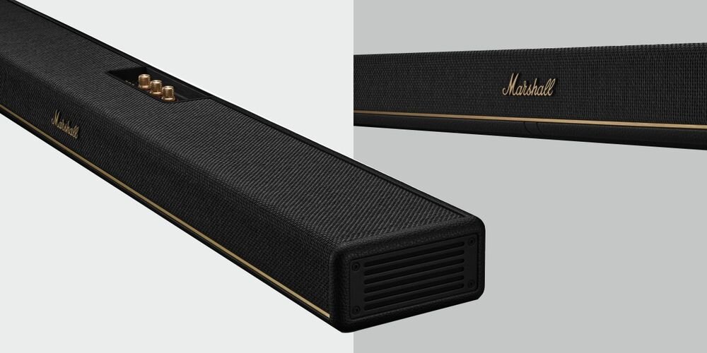 Soundbar MARSHALL Heston 120 mocny głęboki bas niskie tony, soundbar po skosie na biało-szarym tle