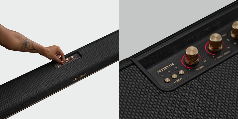 Soundbar MARSHALL Heston 120 pokrętła regulacja głośności bas sopran, soundbar po skosie na białym tle
