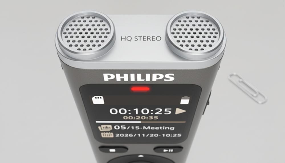 Na obrazie widoczny jest dyktafon z logo PHILIPS, z wyświetlaczem pokazującym czas nagrania 00:10:25 oraz datę 2026/11/20. Obok urządzenia leży spinacz biurowy.