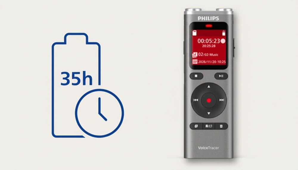Na obrazie znajduje się srebrny dyktafon z wyświetlaczem pokazującym czas nagrania 00:05:23 oraz ikoną baterii z napisem \'35h\'. Widoczne jest logo \'PHILIPS\' na górze urządzenia.