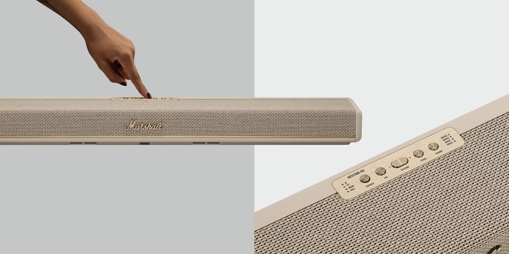 Soundbar MARSHALL Heston 60 aplikacja Marshall szybki dostęp Spotify radio internetowe personalizacja, soundbar od frontu na szaro-białym tle