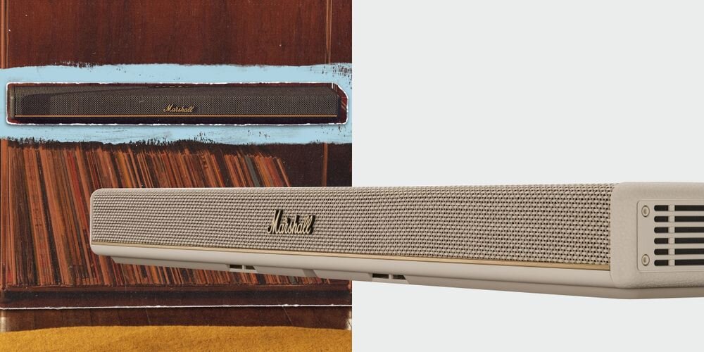 Soundbar MARSHALL Heston 60 montaż na ścianie ustawienie na szafce smukła czarna konstrukcja, soundbar po skosie