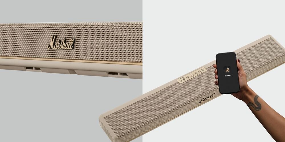 Soundbar MARSHALL Heston 60 aplikacja regulacja EQ kalibracja pomieszczenia personalizacja brzmienia, soundbar po skosie na biało-szarym tle