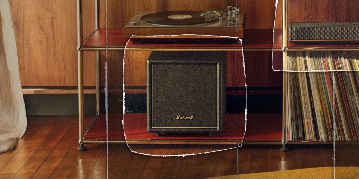 Subwoofer MARSHALL Heston Sub 200 - potężny bas i głębia dźwięku do domu, subwoofer stojący na półce szafki w pomieszczeniu