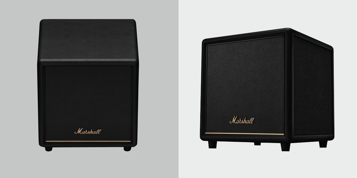 Subwoofer MARSHALL Heston Sub 200 - głębokie niskie tony i wyraziste brzmienie, dwa kadry subwoofera od frontu oraz po skosie