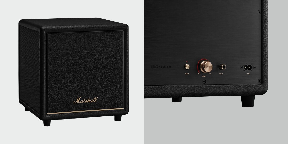 Subwoofer MARSHALL Heston Sub 200 - intuicyjna obsługa przez aplikację i kontrola basu, subwoofer stojącyy po skosie na białym tle