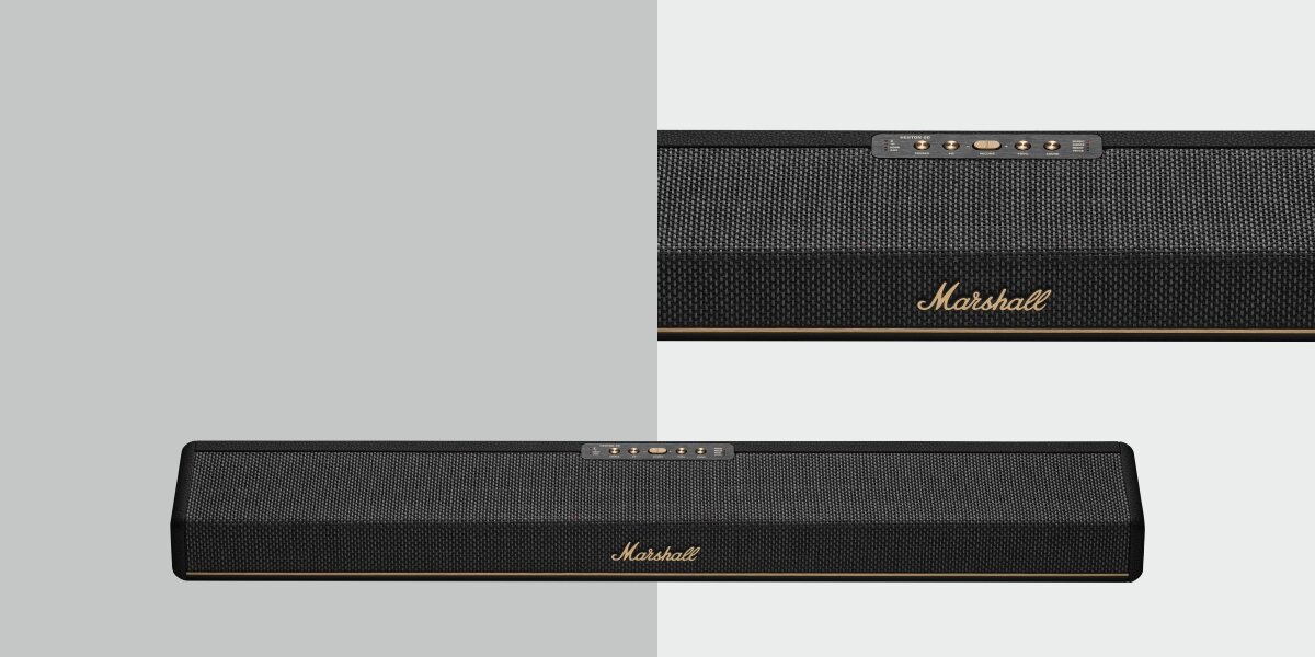 Soundbar MARSHALL Heston 60 Dolby Atmos wielowarstwowe brzmienie realistyczna przestrzeń akustyczna kino domowe, soundbar od frontu na szaro-białym tle