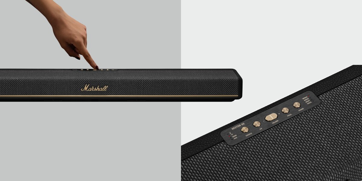 Soundbar MARSHALL Heston 60 aplikacja Marshall szybki dostęp Spotify radio internetowe personalizacja, soundbar od frontu na szaro-białym tle