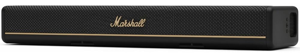 Soundbar MARSHALL Heston 60 montaż na ścianie ustawienie na szafce smukła czarna konstrukcja, soundbar po skosie na białym tle