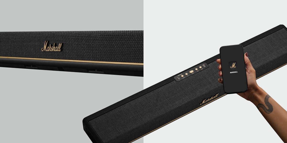 Soundbar MARSHALL Heston 60 aplikacja regulacja EQ kalibracja pomieszczenia personalizacja brzmienia, soundbar po skosie na biało-szarym tle