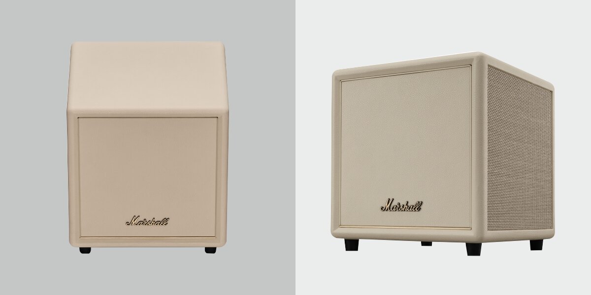 Subwoofer MARSHALL Heston Sub 200 - potężny bas i głębia dźwięku do domu, dwa kadry subwoofera od frontu oraz po skosie