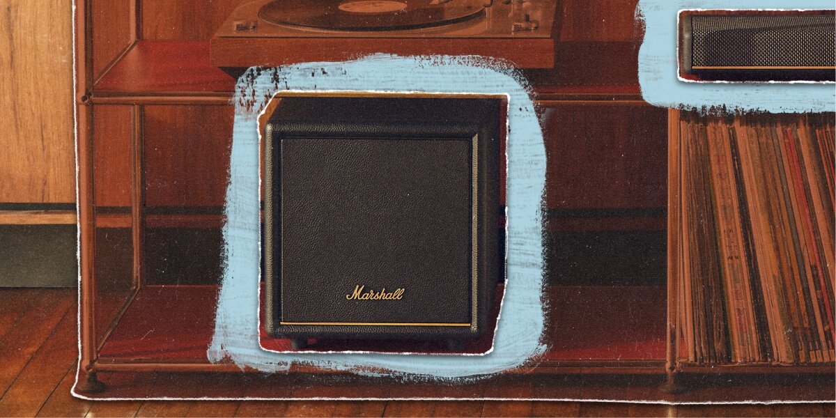 Subwoofer MARSHALL Heston Sub 200 - głębokie niskie tony i wyraziste brzmienie, subwoofer stojący na półce szafki w pomieszczeniu