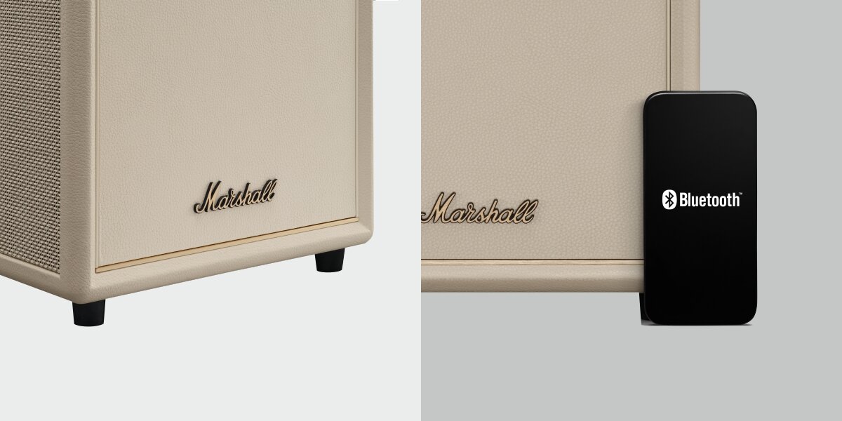 Subwoofer MARSHALL Heston Sub 200 - Bluetooth LE Audio i bezprzewodowe połączenie, kadr subwoofera oraz smartfon