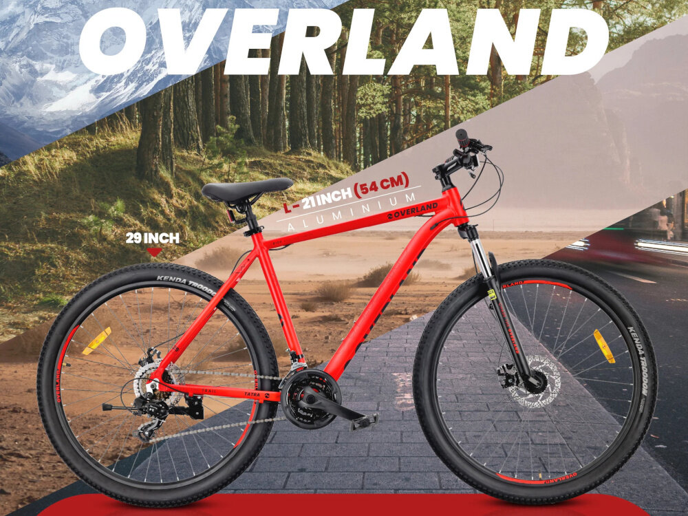 Rower górski MTB TATRA Overland U21 29 cali Czerwony kolorowe tło kolaż zdjęć widok na góry las drogę z piasku ulicę i chodnik rower widoczny z boku biały napis Overland relaks pasja hobby jazda na rowerze
